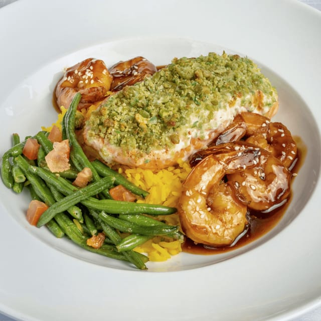 Wasabi - Crusted Salmon & Shrimp Teriyaki.