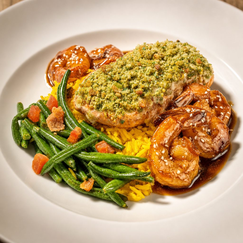 Wasabi - Crusted Salmon & Shrimp Teriyaki.